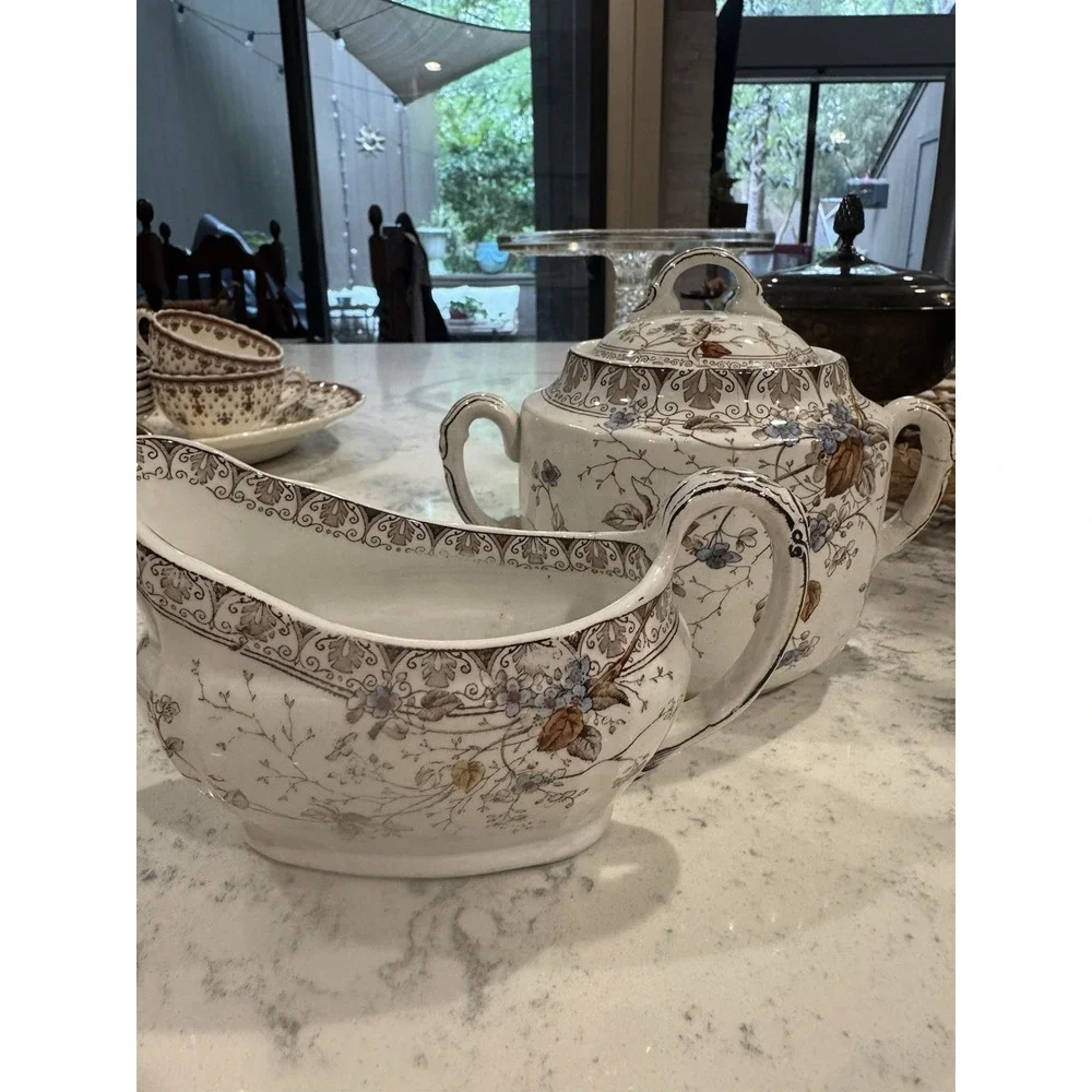 Antique Alfred Meakin Sugar Bowl and Gravy Boat In The Rosaline Pattern. England